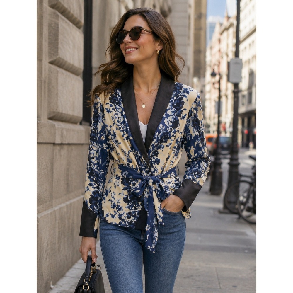 Tuckernuck Blue and Black Floral Satin Wrap Jacket XSmall